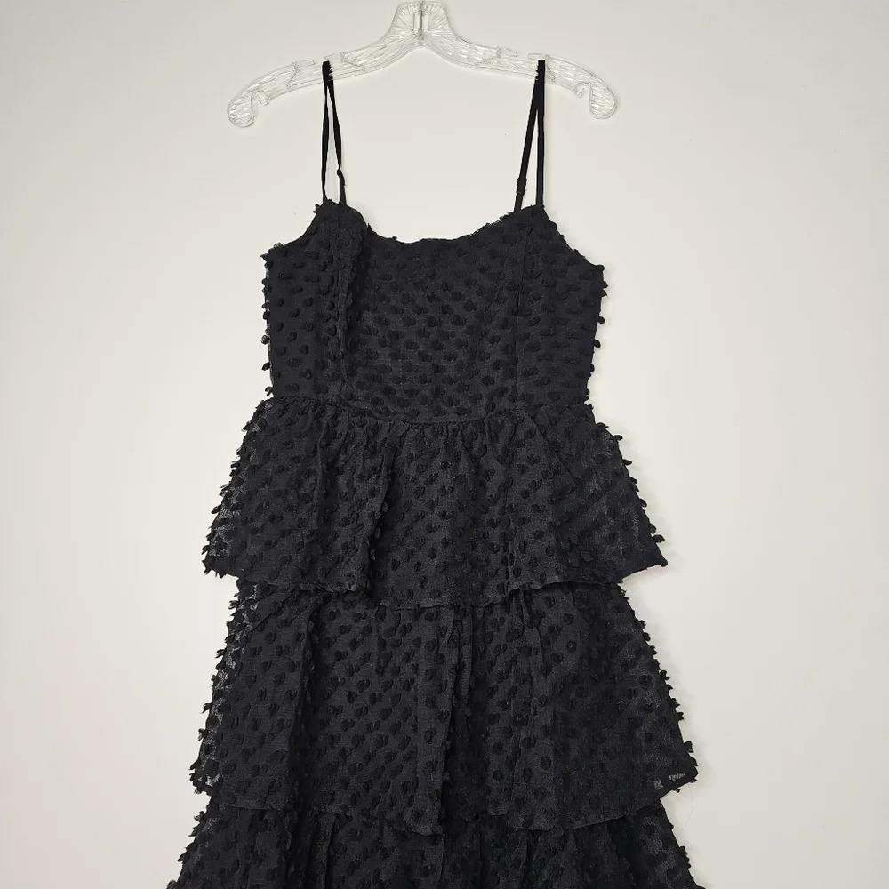 Lulu's Women's Flirting with You Black Tiered Pom Pom Midi Dress Size Small NWT - Picture 7 of 13